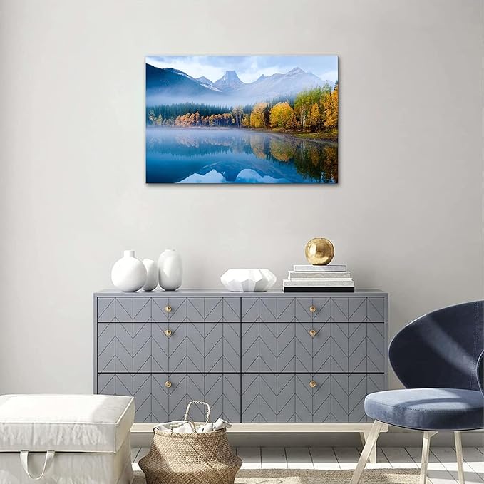 SKASNFAI Lake Canvas Wall Art National Park Forest Mountains Painting Artwork Nature Prints Poster Framed for Living Room Bedroom (12x16 inch)