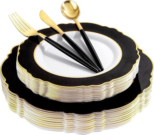 WDF 30Guest Black and Gold Plastic Plates - New Year Plates - Gold Plastic Silverware With Black Handle Baroque Black and Gold Disposable Dinnerware for Halloween & New Year &Parties