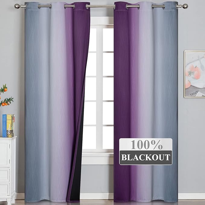 Purple and Grey Blackout Curtains 84 Inches Long,Ombre and Wavy Line Pattern 100% Blackout Curtains for Bedroom,Full Light Blocking Grommet Thermal Insulated Drapes for Kids Room, 42x84 Inch, 2 Panels