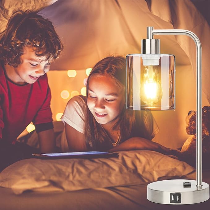 Industrial Touch Control Table Lamps Set of 2 - Brushed Nickel Nightstand Bedside Lamps with 2 USB Ports & AC Outlet, 3-Way Dimmable Desk Lamp for Bedroom Living Room, Glass Shade & LED Bulbs Included