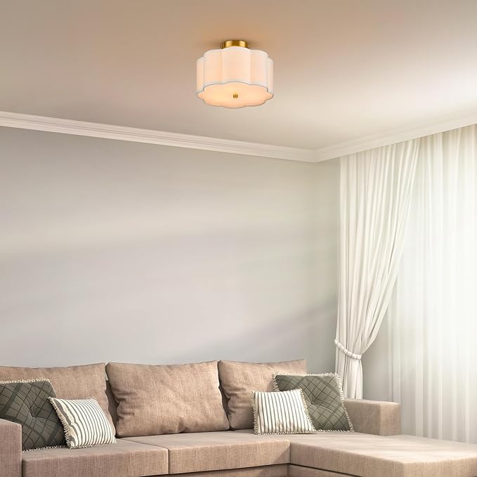 VONLUCE Semi Flush Mount Ceiling Light, 13" Ceiling Light Fixture with Flower-Shaped Fabric Shade, 3-Light Modern Light Fixture for Bedroom Living Room Nursery Hallway, White Shade & Gold Finish