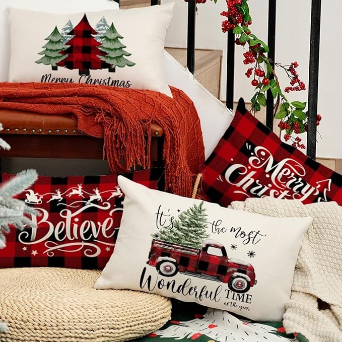 GEEORY Merry Christmas Pillow Covers 12 x 20 Inch Set of 4, Xmas Trees Buffalo Plaid Believe Truck Throw Pillowcases Farmhouse Decorative Cushion Cases for Home Sofa Decoration G421-12