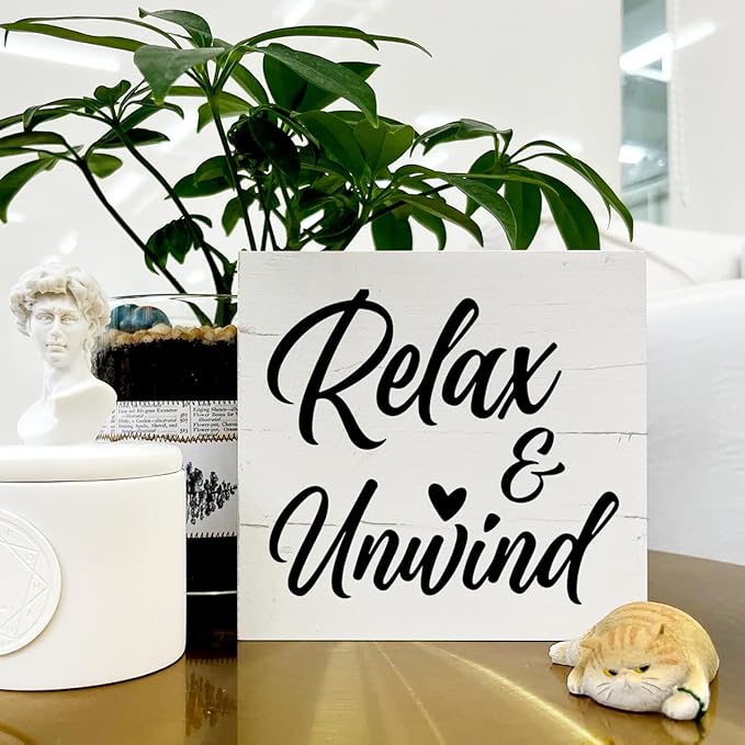 Relax and Unwind Sign, Rustic Wood Sign, Easy Vibe Home Decor, Office Decor, Decorative Wooden Desk Sign, Farmhouse Wood Sign, Bathroom Decor, Home Decor for Shelf, Box Sign Tabletop Decor