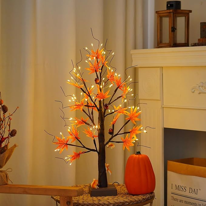 24” 72 LED Fall Decorations for Home, Birch Tree Lighted Fall Maple Leaves Artificial Tree LEDs Autumn and 3 Squirrel,Acorn Ornaments USB/3AA Battery Timer for Gifts Thanksgiving Indoor