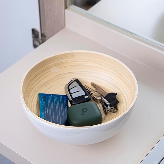 PEMAR 10" Lacquer Bamboo Fruit Bowl for Kitchen Counter, Handmade Large Decorative Pedestal Bowl for Entryway Table Home Decor, Key Bread Candy Snacks Organizer (White Cream)