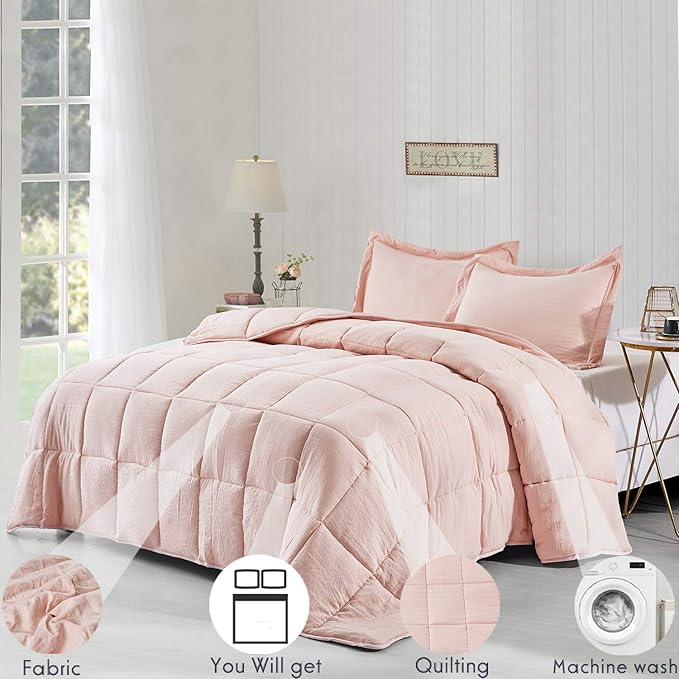 HIG 3pc Prewashed All Season Down Alternative Comforter Duvet Insert -Quilted Comforter with Corner Tabs -Box Stitched -250GSM Fiberfill Chic Farmhouse Style Bedding(Twin,Peach Pink)