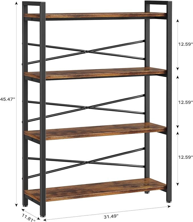4 Tier Bookshelf 31.49" Width, Book Organizers and Storage, Wood and Metal Tall Bookcase, Rustic Book Shelf Organization and Storage for Home Living Room Bedroom Office Storage(Rustic Brown)