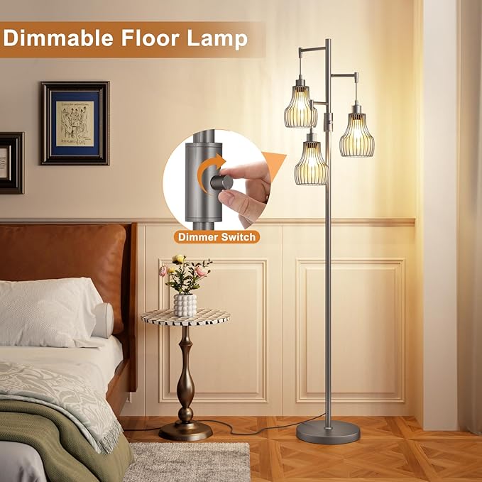 Dimmable Floor Lamps for Living Room, Industrial Tree Standing Tall Lamps with 3 Elegant Cage Shade for Bedroom Office - Grey