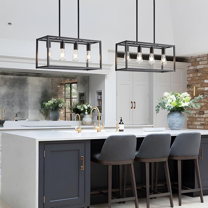 Dining Room Light Fixture 4 Light Black Farmhouse Chandelier Modern Kitchen Island Pendant Lighting Rectangular Hanging Lights for Kitchen Dining Room Adjustable Height Metal E26 Base