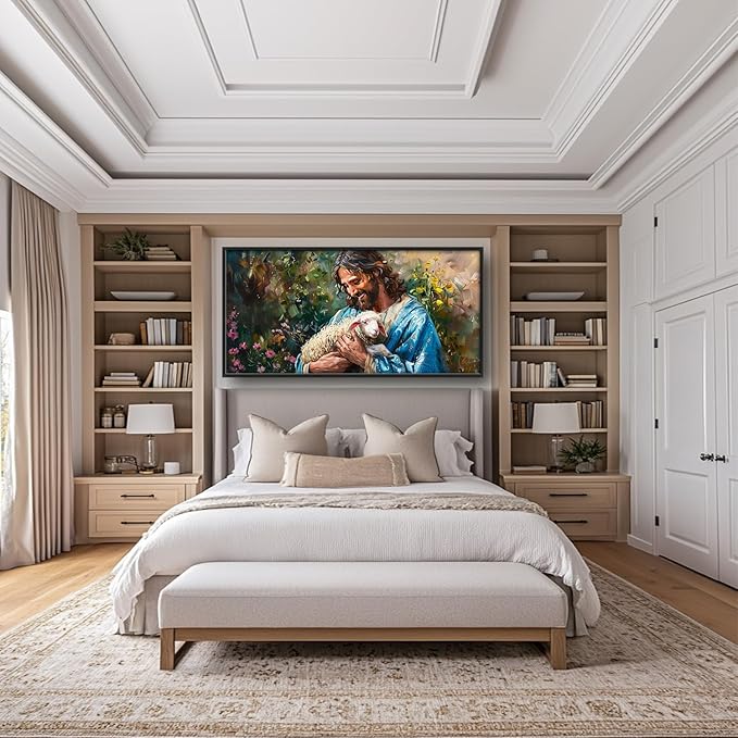 Flintis Large Jesus and Lamb Wall Art Christian Jesus Portrait Pictures Wall Decor Religion Canvas Painting Print Artwork Decoration Framed for Living Room Bathroom Master Bedroom Office 60L x 30W