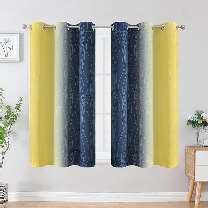 Estelar Textiler Navy Blue and Yellow Ombre Blackout Curtains 45 Inch Length 2 Panels, Full Room Darkening Gradient Drapes for Kitchen, Thermal Insulated Grommet Short Curtains for Bathroom,42Wx45L