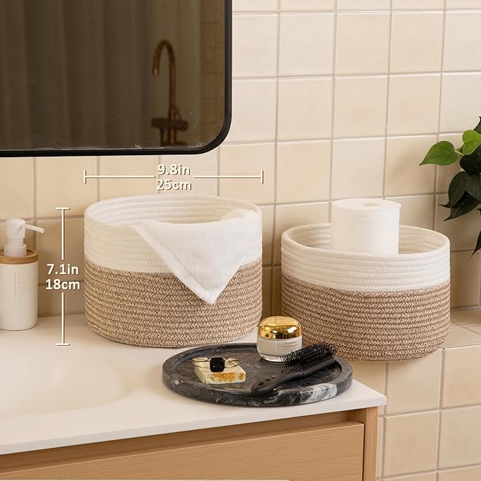 OIAHOMY Small Storage Baskets for Organizing,Closet Cube Shelf Storage, 9.8”×9.8”×7.1”, Woven Cotton Rope Gift Baskets for Nursery,Cute Dog Toy bins, Round 3 Packs, White & Brown