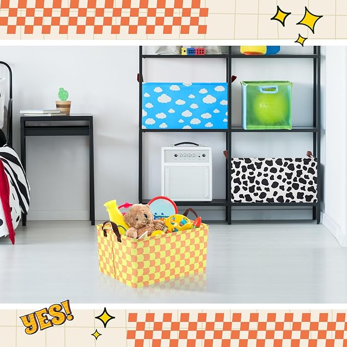 3 Pack Storage Baskets Waterproof Canvas with Leather Handles Storage Bins Basket Organizer Collapsible for Closet Clothes Room Decor(Black, Yellow, Blue,Cartoon)