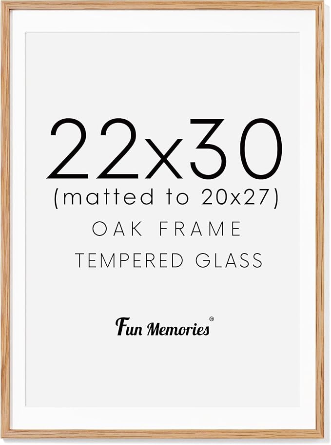 22x30 Oak Wood Picture Frame, 22"x30" Poster Frame for Wall, 22x30 Picture Frame with Mat for 20x27, Solid Oak Wood Photo Frame 22 x 30 with Tempered Real Glass (Natural Oak Color, 1 Pack)