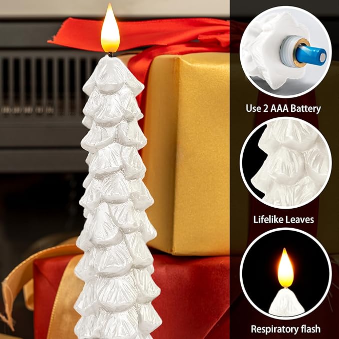 Homemory 3 Pcs Christmas Tree Candles with Remote, Waxy Flameless Taper Candles Flickering, White LED Candlesticks Battery Operated for New Year Celebration Holiday Decorations 9.7 Inches