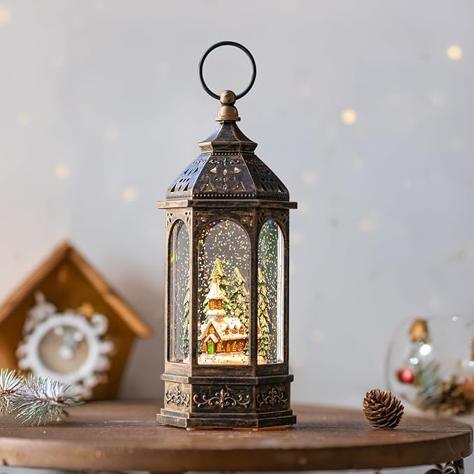 Christmas Snow Globe Lantern Lighted Holiday Village Church with Music& Timer, USB Lined/Battery Operated Lighted Lantern for Christmas Festival Decoration Gifts