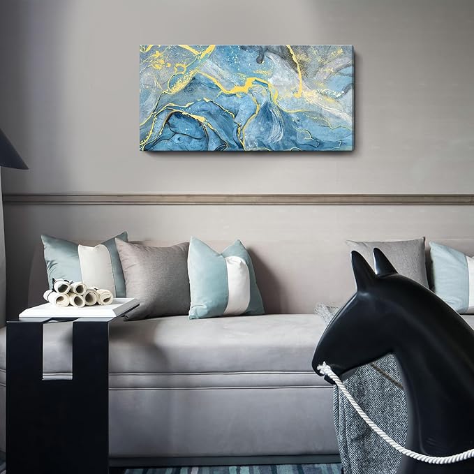 Canvas Wall Art Abstract Seascape Painting Blue Ocean Beach Theme Print Black and Yellow Fluid Texture Coastal Picture Sea Wave Natural Landscape Modern Artwork for Home Bedroom 20x40inch