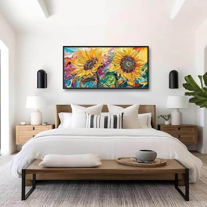 Framed Large Wall Art for Living Room, Sunflower Canvas Wall Decor, Flower Pictures Painting, Natural Landscape Artwork for Living Room Bedroom Office 60L'' × 30W''