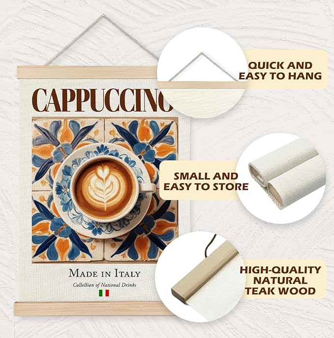 Yomisex Italy Cappuccino Anisetta Wall Art Poster, Traditional Italian Drinks on Maiolica Tiles Canvas Prints Wall Art Framed for Kitchen Coffee and Wine Bar Decor, 12x16 Inch Set of 2