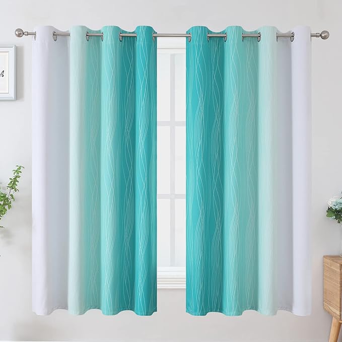 Estelar Textiler Teal and Greyish White Blackout Curtains 63 Inches Long, Room Darkening Grommet Curtains for Bedroom, Thermal Insulated Ombre Blackout Drapes for Living Room, 52Wx63L, 2 Panels