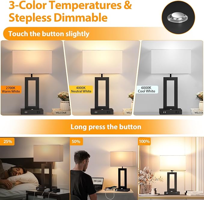 Set of 2 Table Lamps for Bedrooms, 3-Color Temperatures Touch Control Bedside Lamps with 2 USB Ports&AC Outlet, Stepless Dimmable Living Room Lamps for Nightstand, Bulbs Included, White&Black