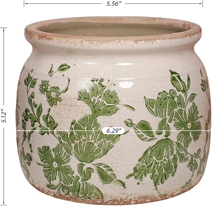 Plant Pots, Ceramic Planters for Indoor/Outdoor Plants, 6.29'' Flower Pots for Indoor Plants with Drainage, Vase & Planters, Vintage Indoor Plant Pots, Home & Fall Decor, Classic Green