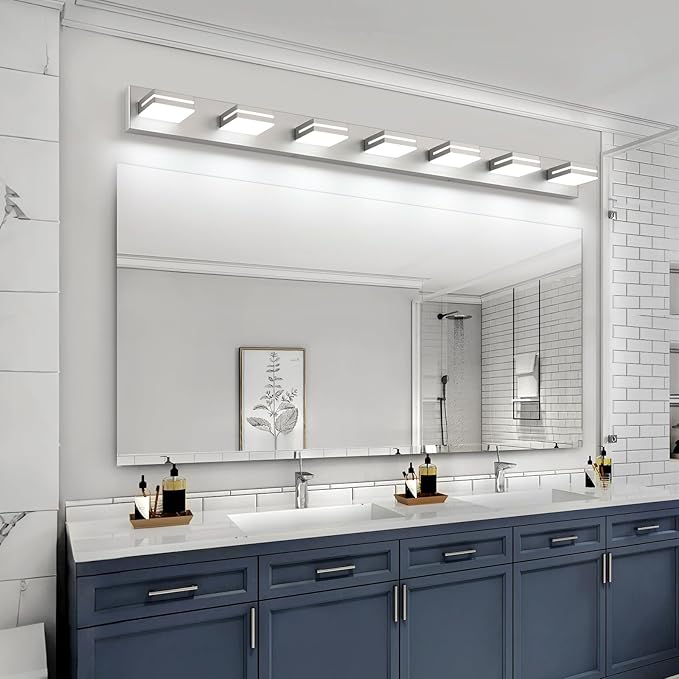 SineRise LED Modern Bathroom Vanity Light Fixtures (7-Light, 55-Inch), Brushed Nickel Modern Acrylic Bathroom Wall Lighting Fixtures Over Mirror (Cool White 6000K)