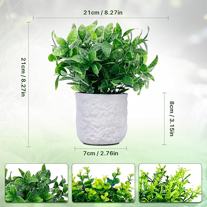 FGSAEOR Mini Potted Fake Plants, Small Artificial Greenery Realistic Plants Topiaries, Low Maintenance, for Home Office Shelf Desk Farmhouse Room Coffee Table Decor (3-Pack) (Green (Round Pot))