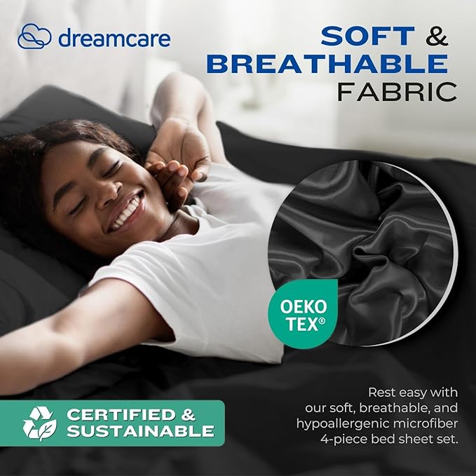 DREAMCARE Twin XL Sheet Set - Cooling Bed Sheets - 4pc Set - up to 15" Deep Pocket - Soft & Long Lasting 100% Fine Brushed Polyester with Side Pocket - Black