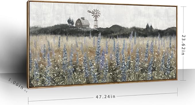 Framed Canvas Wall Art for Living Room Rustic Farmhouse Scenery Vintage Countryside Windmill Barn Picture Nature Wilderness Landscape Wildflower Field Meadow Print Painting Retro Artwork 48"W x 24"H