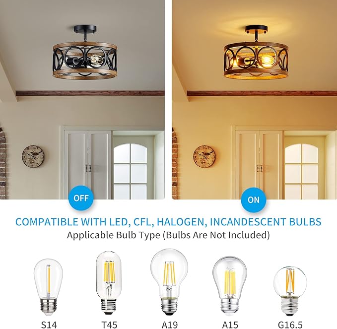 XINGQI Semi Flush Mount Ceiling Light Fixture Modern 3-Light Farmhouse Ceiling Lights for Bedroom Living Room Dining Room Entry Hallway Foyer 13" Black and Wood Grain Finish