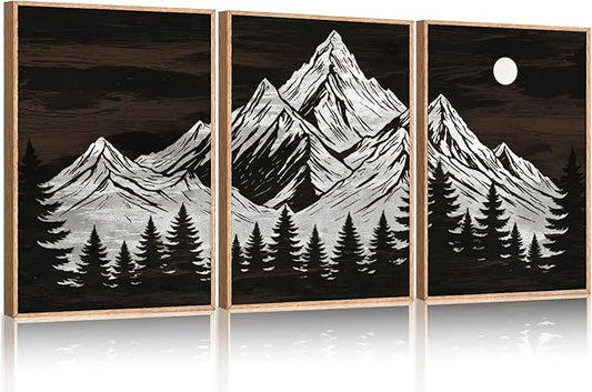 KAIRNE Wooden Mountain Tree Framed Canvas Wall Art Set, Country Wood Forest Wall Decor, Woodcut Pine Tree Wall Painting, Nature Farmhouse Zen Art Prints for Living Room, Bedroom, Office - 16"x24"x3