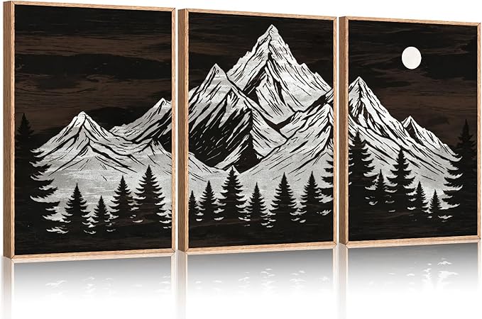 KAIRNE Wooden Mountain Tree Framed Canvas Wall Art Set, Country Wood Forest Wall Decor, Woodcut Pine Tree Wall Painting, Nature Farmhouse Zen Art Prints for Living Room, Bedroom, Office - 24"x36"x3