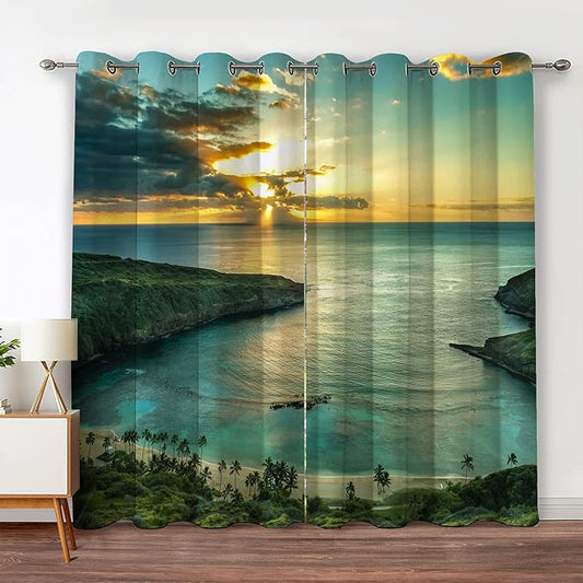 Jekeno Ocean Beach Blackout Curtains Ocean Morning Sunrise Decor for Bedroom Living Room with Hawaiian Seaside Scene Island Green Print Grommet Window Drapes 2 Panel Set, 52"x84"