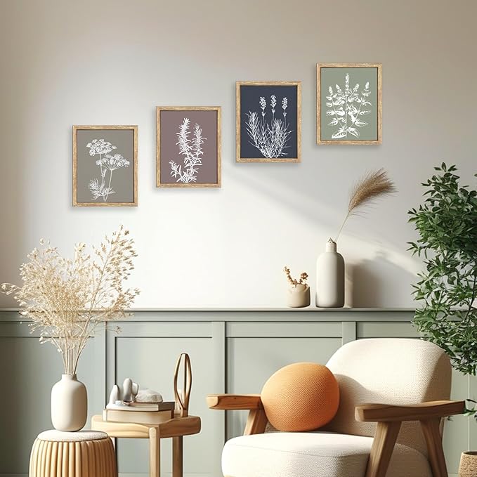 GUMEYJIA Boho Wall Art Set of 4 Framed Herb Prints Botanical White Floral Sketches with Gray and Sage Green Background Modern Farmhouse Decor Home Kitchen Wall Decor (8x10 in)