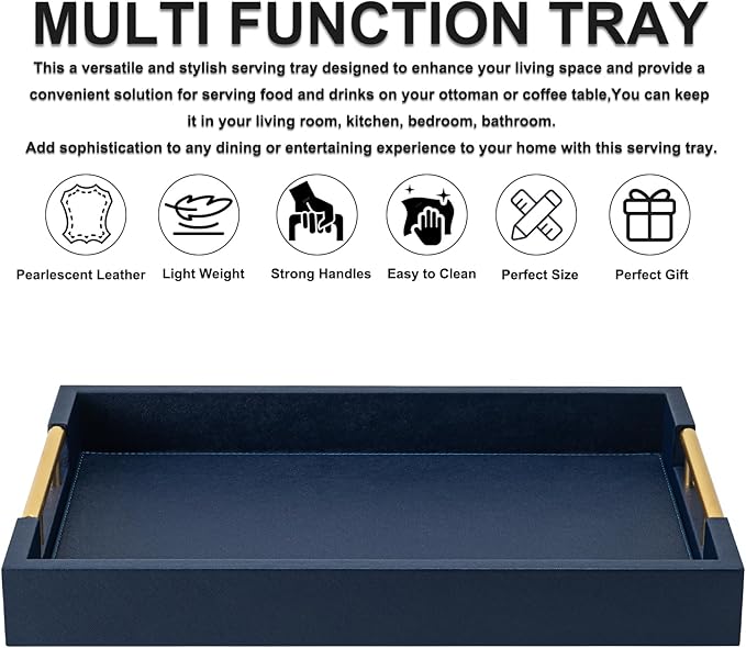 Navy Blue Faux Leather Serving Coffee Tray with Gold Handles,Rectangle Decorative Trays for Home Decor Large Ottoman Tray for Living Room