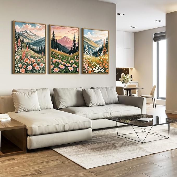 ANHUIB Colorful Landscape Wall Art 16x24 Inch Abstract Mountain Forest Wall Decor Wildflower Blossom Artwork Nature Scenery Painting Set of 3 for Living Room Bedroom Dining Room