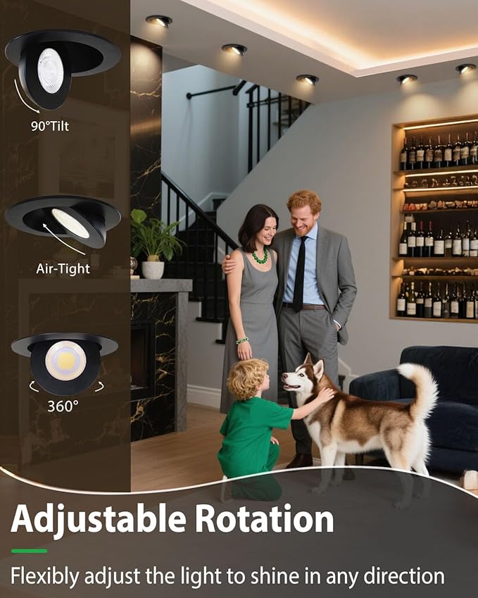 zouzai Second Generation 5CCT LED Gimbal Led Recessed Light with Junction Box, 360°+90° Adjustable Directional Eyeball Lighting, Dimmable, 2700K-5000K,ETL&Energy Star (Black 12 Pack, 4 inch)