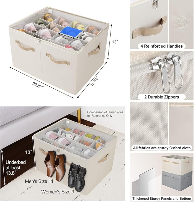 Shoe Organizer for Closet 2 Pack, Foldable Shoe Box with Adjustable Dividers and Clear Cover, Space Saving Shoe Storage Organizer Cabinet with Reinforced Handles, Fits 32 Pairs Beige TP12Y