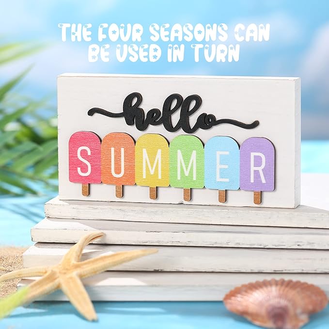 Roowest 5 Pcs Hello Fall Sign Interchangeable Seasonal Sign Spring Summer Winter Tiered Tray Decor 5.9 x 3 Inch Wooden 4 Seasons Farmhouse Table Centerpiece Decoration for Home Shelf Office(Fresh)