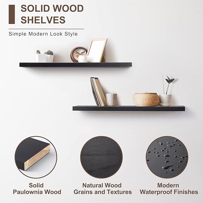 fuqing Black Floating Shelves for Wall - 36 Inch Lightweight Wood Wall Shelves Set of 2 - Floating Black Shelves for Storage Display Ledges for Bedroom Kitchen Living Room