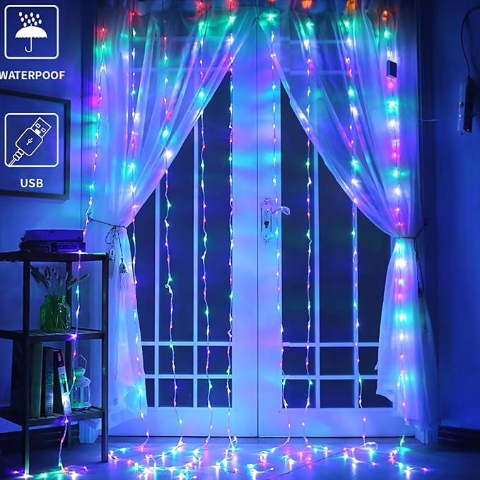 YEOLEH String Lights Curtain,USB Powered Fairy Lights for Party Bedroom Wall,8 Lighting Modes & IP64 Waterproof Ideal for Wedding Valentines Day Decor (Multi-Colored,7.9Ft x 5.9Ft)