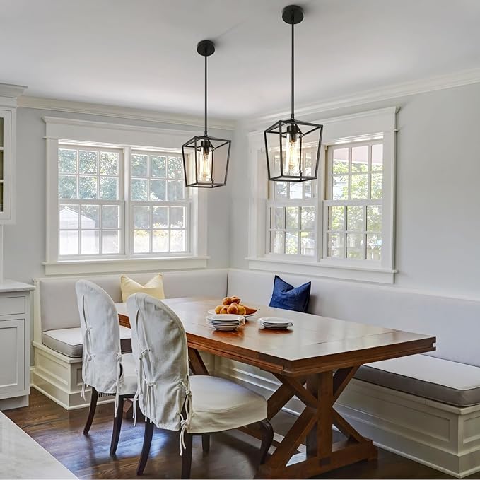 2 Pack 1-Light Black Pendant Lights for Kitchen Island, Farmhouse Metal Pendant Light Iron Cage Hanging Light Fixtures with Clear Glass Shade for Dining Room, Entryway, Hallway, Foyer