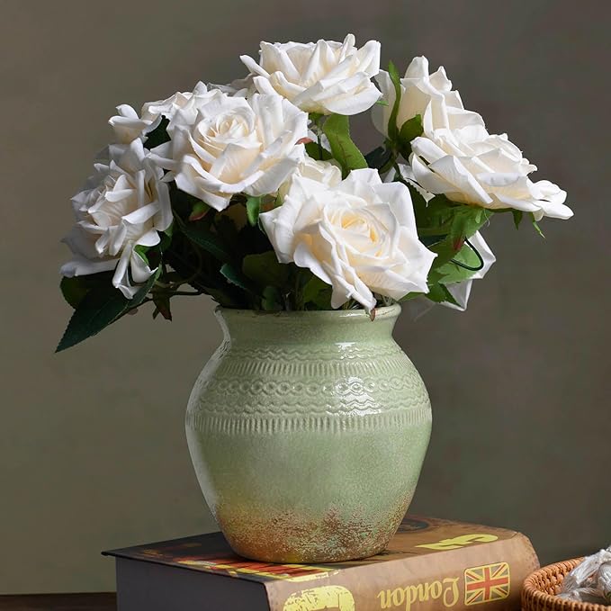 Quoowiit Ceramic Rustic Farmhouse Vase, Green Distressed Flower Vase for Home Decor, Boho Decorative Vases for Centerpiece Table Decorations, Vases for Living Room Kitchen Entryway Mantle Shelf Decor