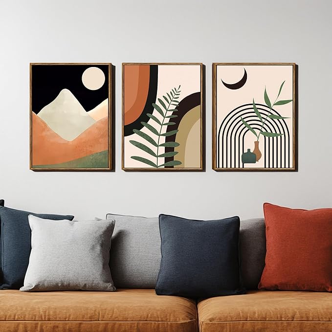 WRFON Boho Wall Art Set of 3 - Mid Century Modern Neutral Abstract Geometric Botanical Prints, Black and Beige Framed Canvas Wall Art for Living Room Decor, Ready to Hang, 12x16 inch