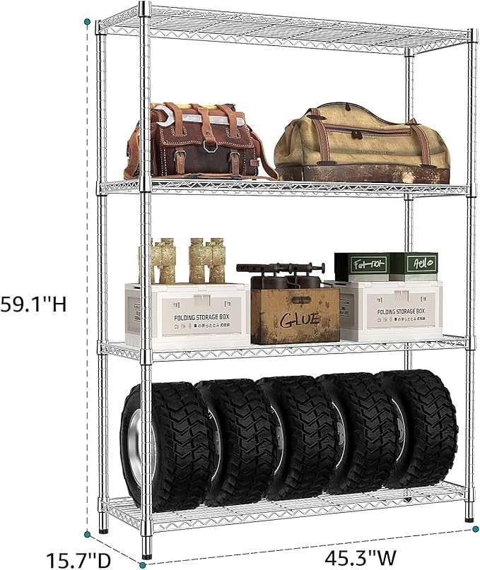 IZEUK 1400 LBS Garage Chrome Shelving Wide Storage Shelves 4 Tier Adjustable Heavy Duty Metal Wire Rack Standing Shelf Unit for Kitchen Office College Dorm Garage Warehouse 15.8" x 45.8"x 59.4"
