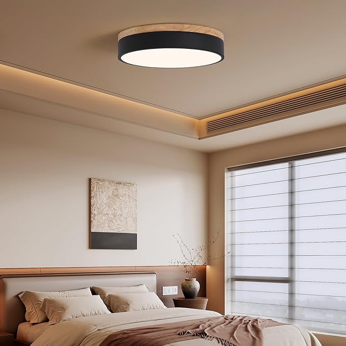 Led Flush Mount Ceiling Light: 11.8" Dimmable 5CCT Overhead Ceiling Lighting Fixture - Morden Black Round Close to Ceil Lights - Flat Wood Minimalist Light Fixtures for Living Room Laundry Bedroom