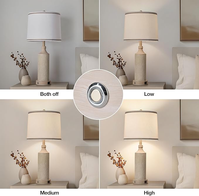 AIDENOEY 27.5" H 3-Way Dimmable Touch Control Table Lamp with USB A+C Ports, Vintage Washed White Finish Resin Bedside Farmhouse Table Lamp Set of 2，for Living Room，Bedroom，Office