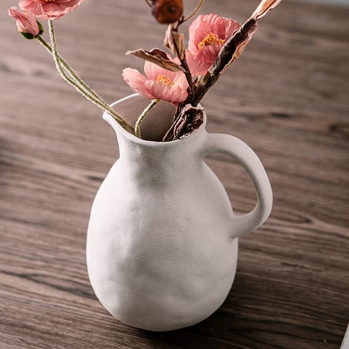 Kimdio Ceramic Vase with Handle, Modern Farmhouse Pitcher Vase for Home Decor, Rustic Pottery Vase, Decorative Flower Vase, Clay Vase, Centerpieces for Living Room