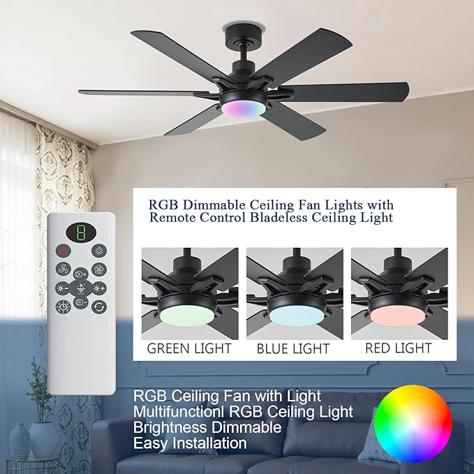 52in Ceiling Fans with Lights RGB Ceiling Fan with Light and Remote/APP Control,Low Profile Ceiling Fans with Lights for Bedroom,Living Room,Kids Room,3CCT Dimmable Modern Ceiling Fan, 8 Speeds,Black
